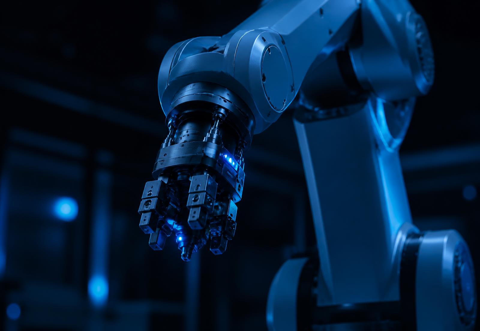 Six-axis industrial robotic arm operating in an advanced manufacturing cell